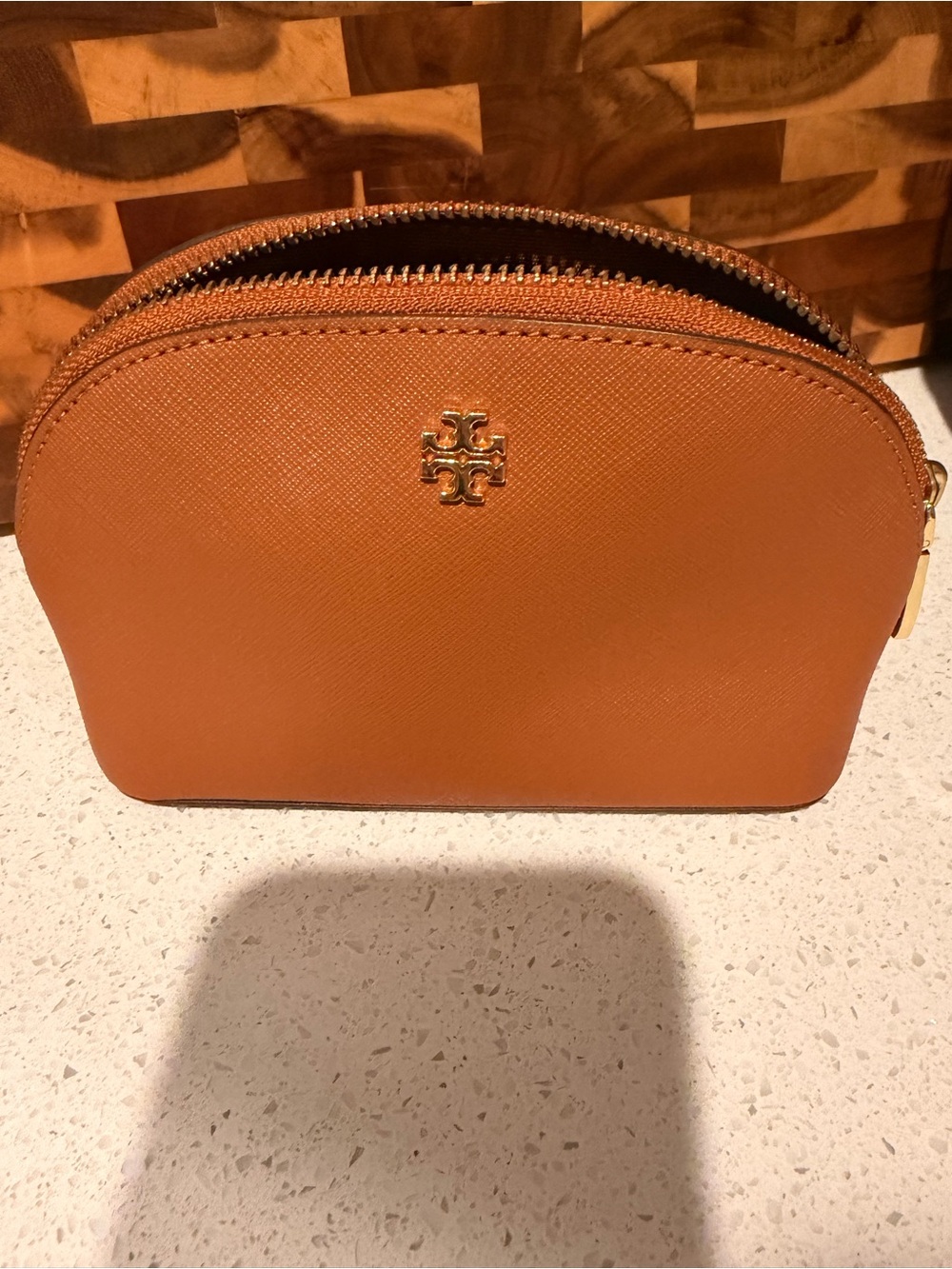 Tory Burch Tan Saffiano Zip Cosmetic Bag with Gold Logo